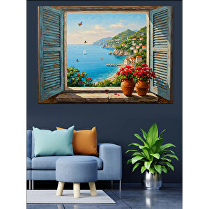 Pencereden Deniz Ve Saksılar Dekoratif Kanvas - Mdf Ahşap Tablo