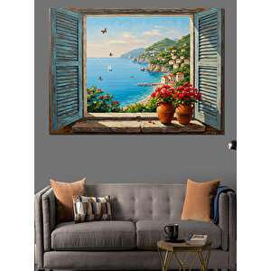 Pencereden Deniz Ve Saksılar Dekoratif Kanvas - Mdf Ahşap Tablo