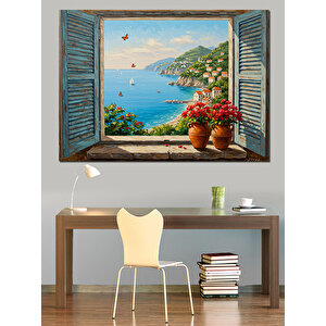 Pencereden Deniz Ve Saksılar Dekoratif Kanvas - Mdf Ahşap Tablo 50x70 cm