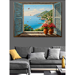 Pencereden Deniz Ve Saksılar Dekoratif Kanvas - Mdf Ahşap Tablo 50x70 cm