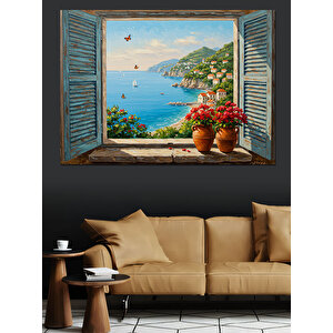 Pencereden Deniz Ve Saksılar Dekoratif Kanvas - Mdf Ahşap Tablo 50x70 cm