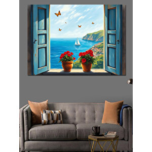 Pencereden Mavi Deniz Manzarası Dekoratif Kanvas - Mdf Ahşap Tablo 70x100 cm