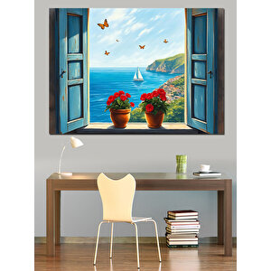 Pencereden Mavi Deniz Manzarası Dekoratif Kanvas - Mdf Ahşap Tablo 70x100 cm