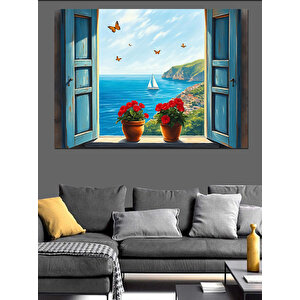 Pencereden Mavi Deniz Manzarası Dekoratif Kanvas - Mdf Ahşap Tablo 70x100 cm