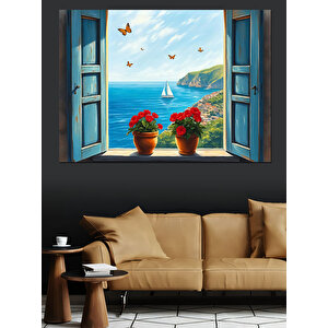 Pencereden Mavi Deniz Manzarası Dekoratif Kanvas - Mdf Ahşap Tablo