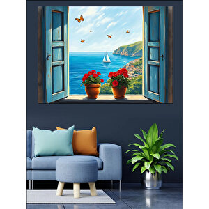 Pencereden Mavi Deniz Manzarası Dekoratif Kanvas - Mdf Ahşap Tablo