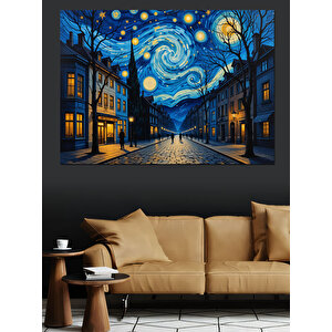 Yıldızlı Gece Sokak Manzarası Dekoratif Kanvas - Mdf Ahşap Tablo 35x50 cm