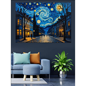 Yıldızlı Gece Sokak Manzarası Dekoratif Kanvas - Mdf Ahşap Tablo 35x50 cm