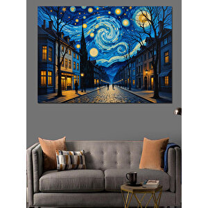 Yıldızlı Gece Sokak Manzarası Dekoratif Kanvas - Mdf Ahşap Tablo 35x50 cm