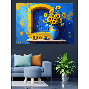 Mavi Pencere Dekoratif Kanvas - Mdf Ahşap Tablo 100x140 cm