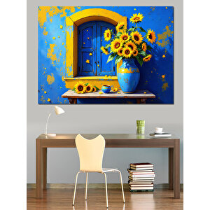 Mavi Pencere Dekoratif Kanvas - Mdf Ahşap Tablo 100x140 cm