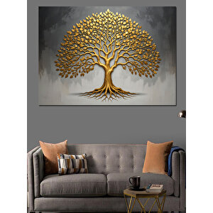 Altın Renkli Hayat Ağacı Dekoratif Kanvas - Mdf Ahşap Tablo 50x70 cm