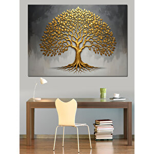Altın Renkli Hayat Ağacı Dekoratif Kanvas - Mdf Ahşap Tablo 50x70 cm