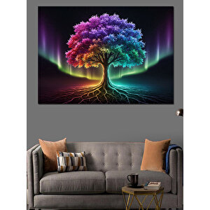 Mor Işıklı Hayat Ağacı Dekoratif Kanvas - Mdf Ahşap Tablo 100x140 cm
