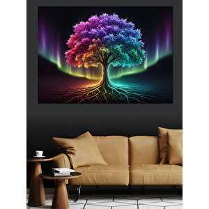 Mor Işıklı Hayat Ağacı Dekoratif Kanvas - Mdf Ahşap Tablo