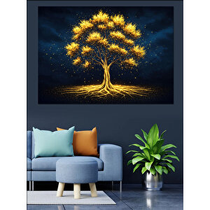Altın Parıltılı Hayat Ağacı Dekoratif Kanvas - Mdf Ahşap Tablo 50x70 cm