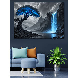 Şelaleli Yalnız Ağaç Manzarası Dekoratif Kanvas - Mdf Ahşap Tablo 50x70 cm