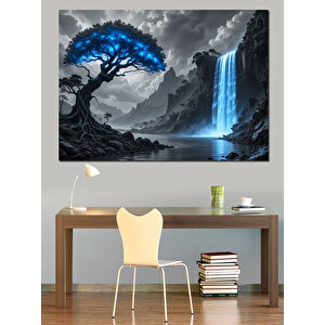 Şelaleli Yalnız Ağaç Manzarası Dekoratif Kanvas - Mdf Ahşap Tablo 50x70 cm