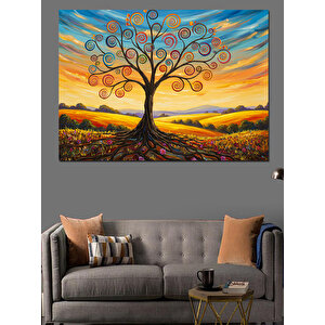 Renkli Dallı Hayat Ağacı Dekoratif Kanvas - Mdf Ahşap Tablo 35x50 cm
