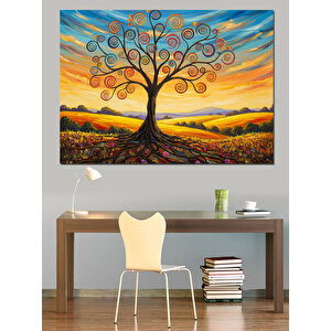 Renkli Dallı Hayat Ağacı Dekoratif Kanvas - Mdf Ahşap Tablo 35x50 cm