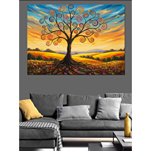 Renkli Dallı Hayat Ağacı Dekoratif Kanvas - Mdf Ahşap Tablo 35x50 cm