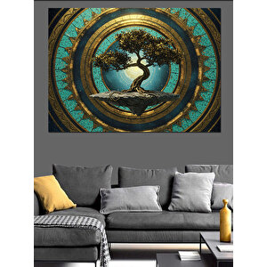 Altın Çerçevede Hayat Ağacı Dekoratif Kanvas - Mdf Ahşap Tablo 70x100 cm