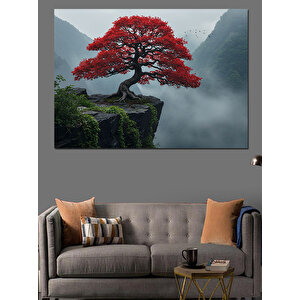 Sisler İçinde Kırmızı Ağaç Dekoratif Kanvas - Mdf Ahşap Tablo 35x50 cm