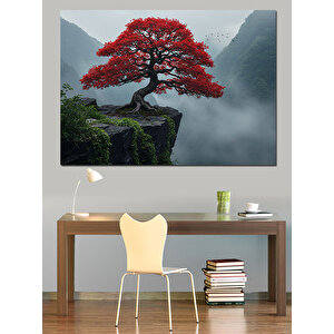 Sisler İçinde Kırmızı Ağaç Dekoratif Kanvas - Mdf Ahşap Tablo 35x50 cm