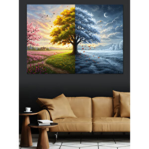 Dört Mevsimi Gösteren Ağaç Dekoratif Kanvas - Mdf Ahşap Tablo 50x70 cm