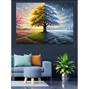 Dört Mevsimi Gösteren Ağaç Dekoratif Kanvas - Mdf Ahşap Tablo 50x70 cm