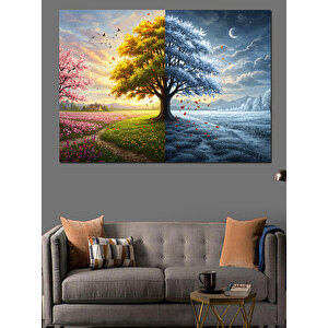 Dört Mevsimi Gösteren Ağaç Dekoratif Kanvas - Mdf Ahşap Tablo 50x70 cm