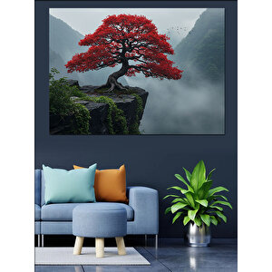 Sisler İçinde Kırmızı Ağaç Dekoratif Kanvas - Mdf Ahşap Tablo 25x35 cm