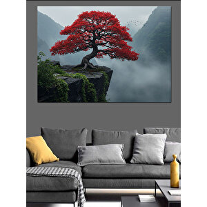Sisler İçinde Kırmızı Ağaç Dekoratif Kanvas - Mdf Ahşap Tablo