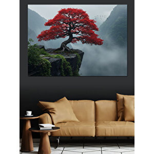 Sisler İçinde Kırmızı Ağaç Dekoratif Kanvas - Mdf Ahşap Tablo