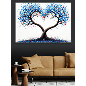 Kalp Şeklinde Mavi Ağaç Dekoratif Kanvas - Mdf Ahşap Tablo