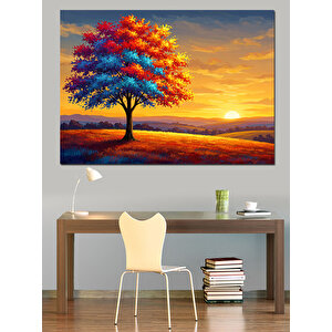 Günbatımında Renkli Ağaç Manzarası Dekoratif Kanvas - Mdf Ahşap Tablo 35x50 cm