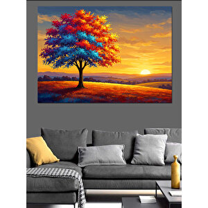 Günbatımında Renkli Ağaç Manzarası Dekoratif Kanvas - Mdf Ahşap Tablo 35x50 cm