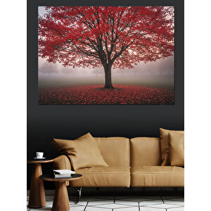 Sisler İçinde Kırmızı Ağaç Dekoratif Kanvas - Mdf Ahşap Tablo 25x35 cm