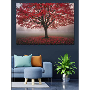 Sisler İçinde Kırmızı Ağaç Dekoratif Kanvas - Mdf Ahşap Tablo 25x35 cm