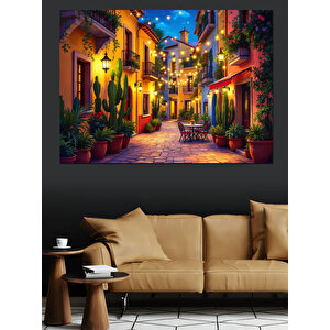Renkli Işıklı Sokak Dekoratif Kanvas - Mdf Ahşap Tablo 100x140 cm