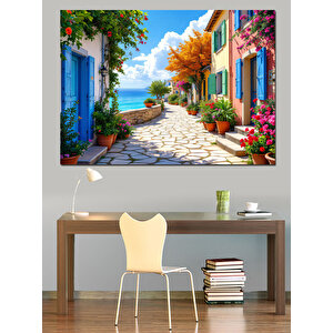 Renkli Akdeniz Sokağı Dekoratif Kanvas - Mdf Ahşap Tablo 50x70 cm