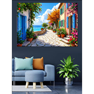Renkli Akdeniz Sokağı Dekoratif Kanvas - Mdf Ahşap Tablo 70x100 cm