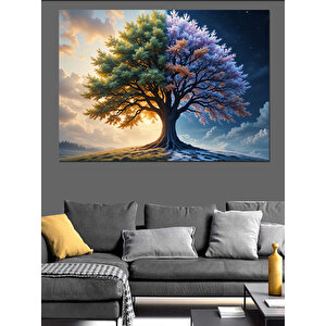 Mor Gövdeli Kozmik Ağaç Dekoratif Kanvas - Mdf Ahşap Tablo 100x140 cm