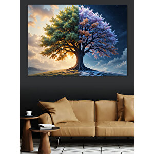 Mor Gövdeli Kozmik Ağaç Dekoratif Kanvas - Mdf Ahşap Tablo 100x140 cm