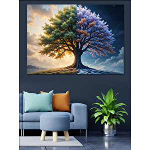 Mor Gövdeli Kozmik Ağaç Dekoratif Kanvas - Mdf Ahşap Tablo 100x140 cm