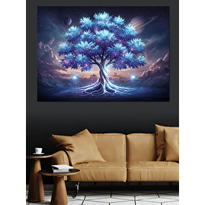 Büyülü Mavi Ağaç Işık Dekoratif Kanvas - Mdf Ahşap Tablo 100x140 cm
