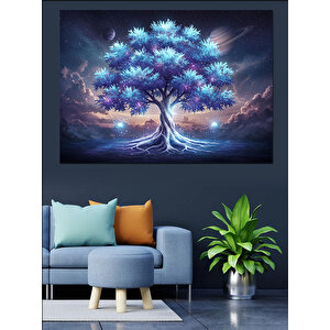 Büyülü Mavi Ağaç Işık Dekoratif Kanvas - Mdf Ahşap Tablo 100x140 cm