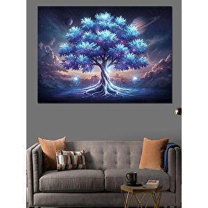 Büyülü Mavi Ağaç Işık Dekoratif Kanvas - Mdf Ahşap Tablo 100x140 cm