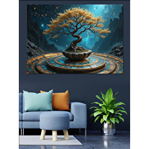 Altın Işıklı Bonsai Ağacı Dekoratif Kanvas - Mdf Ahşap Tablo