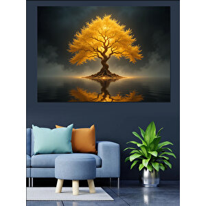 Altın Sarısı Yansımalar Ağacı Dekoratif Kanvas - Mdf Ahşap Tablo 70x100 cm